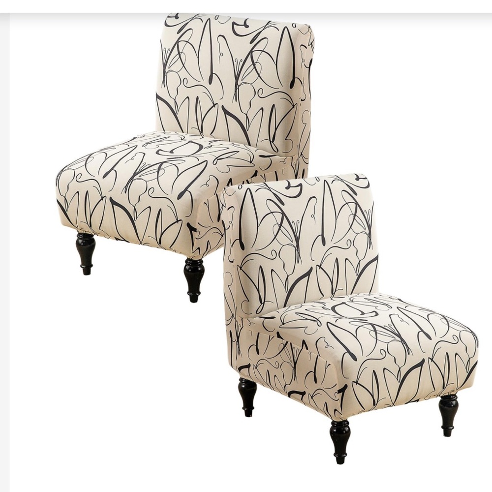 Butterfly Print Armless Chair Covers Washable  Cream Black (2-pack)